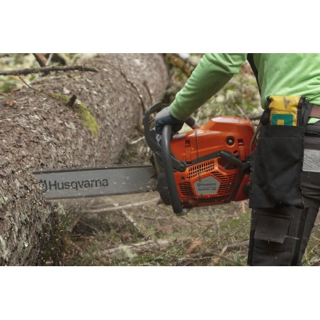 Tronçonneuse 585 Husqvarna en situation de coupe d'un tronc